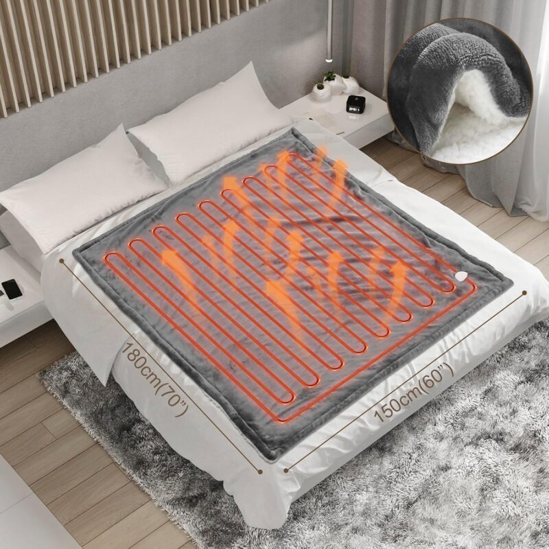 Manta eléctrica grande de 150x180 cm en franela y algodón para invierno.