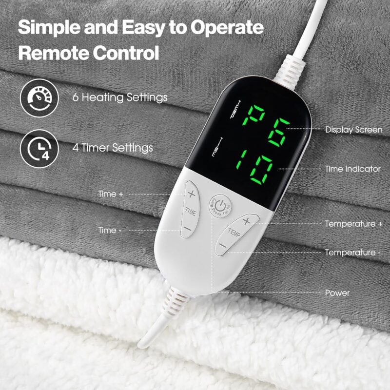Control remoto de la manta eléctrica con 6 niveles de temperatura y temporizador.